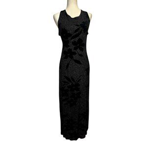 Vintage 90s Y2K Knapp Studio Black Glitter Maxi Gown L Floral Flocked Evening